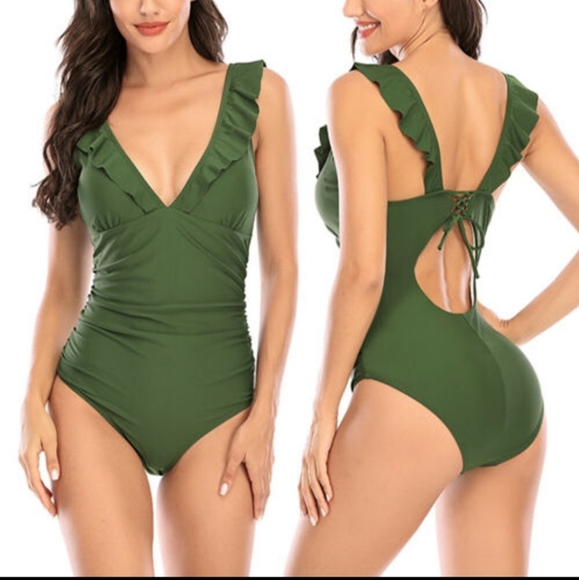One piece Ruffle Swimsuit Lace Up at Back Sz Medium 💚 - Picture 2 of 8